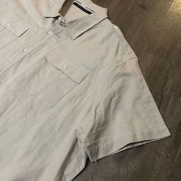 Sean John Mens Beige Linen Blend Short Sleeve Shoulder Strap Accents Pockets 4XL - Picture 2 of 8